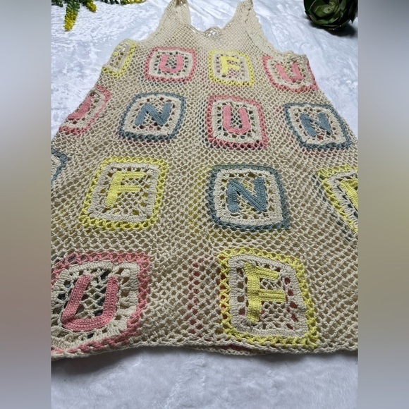 Wildfox Sabrina Fun Granny Square Crochet Mini Dress Cover-up in Cream Pastel - Picture 9 of 14